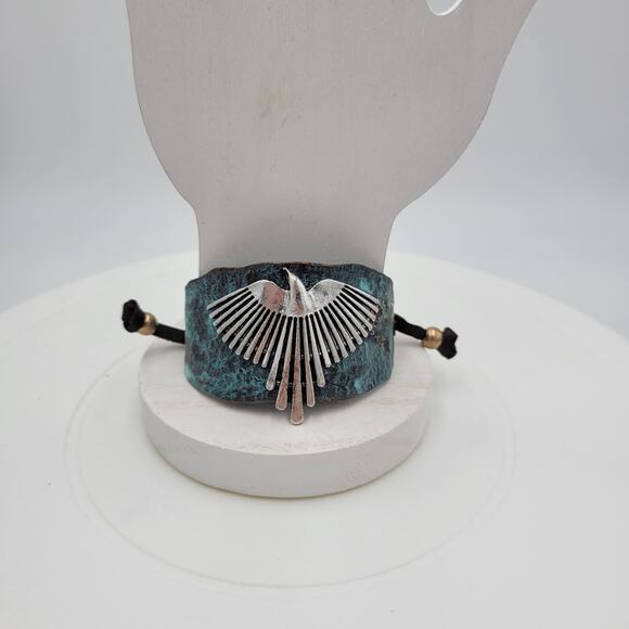 Vtg Native Thunderbird Cuff Bracelet 9" Hammered Green Silver Leather Phoenix - Picture 4 of 12